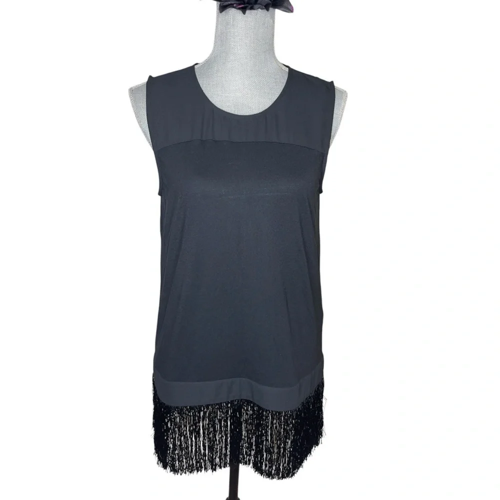 J.Crew Solid Black Fringe Tank Drape Top Tunic B6374 Sleeveless Classic S